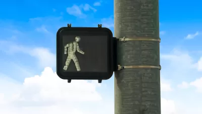 Panorama Close up of pedestrian traffic light signal against blue sky and bright clouds.