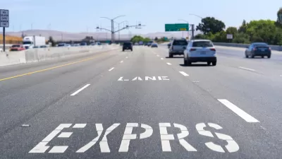 Close-up of express lane marker on Bay Area freeway.