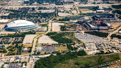 Aerial view of two sports stadiums in Arlington, Texas.