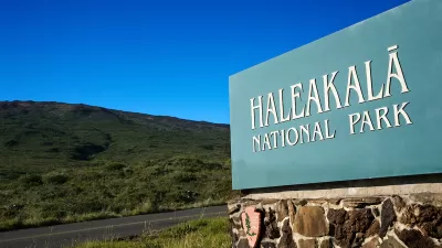 Haleakala National Park entrance sign in Maui, Hawaii.
