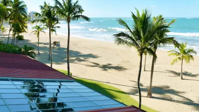 Close-up of rooftop solar panel on sandy peach with tall palm trees.