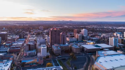 Aerial view of downtown Albuquerque, New Mexico at sunset.