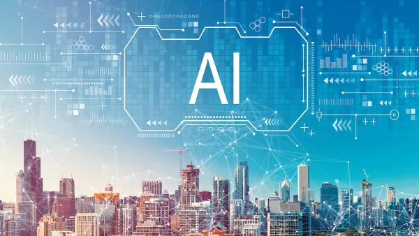 "AI" logo with digital lines indicating smart city/AI over Chicago skyline.