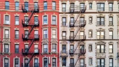 Facade of brick multistory apartment buildings in New York City with fire scapes.