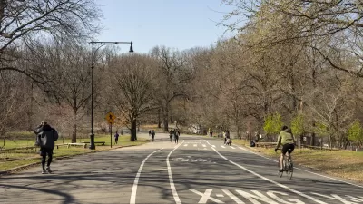 People walking and on bikes on paved multiuse path in Prospect Park, Brooklyn, New York City.