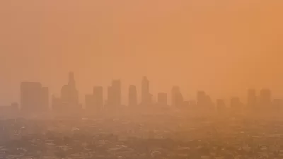 View of downtown Los Angeles, California through orange haze.