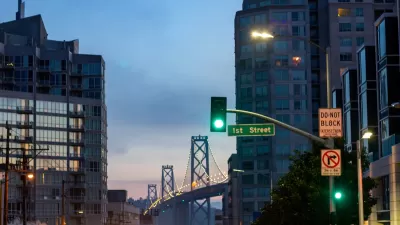 Intersection with stoplight and "no right turn on red" sign in San Francisco, California.