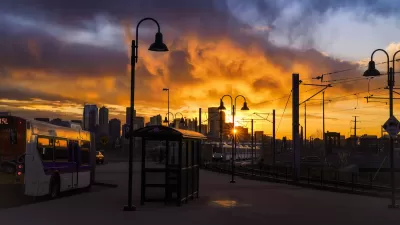 Nighttime view of bus stop in Denver, Colorado