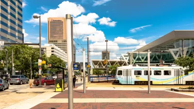 Transit station with light rail train in Baltimore, Maryland