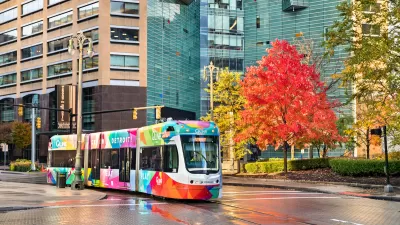 Colorful streetcar on street in downtown Detroit, Michigan.