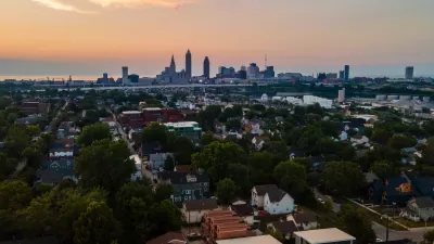 View of Cleveland, Ohio skyline at sunset
