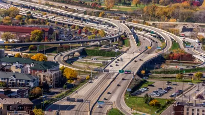 View from 35th floor of building of freeway in Minneapolis, Minnesota.