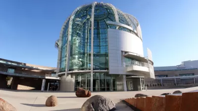 Glass dome at front of modern San Jose City Hall building in San Jose, California.
