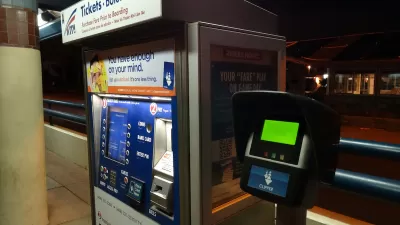 Transit fare purchase box at above-ground transit station in Santa Clara, California.