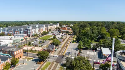 Aerial view of Gaithersburg, Maryland with train tracks in foreground.