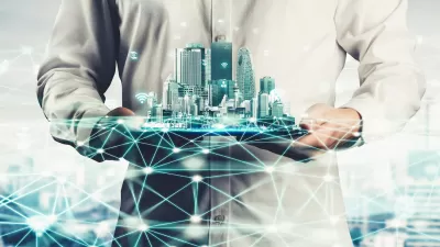 Digital drawing of person holding city skyline with wifi symbols and lines indicating smart cities or data.
