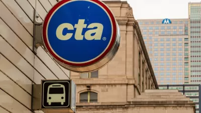Close-up of round blue, white, and red Chigato Transit Authority "cta" logo on exterior of building.