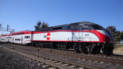 White and red Caltrain commuter train