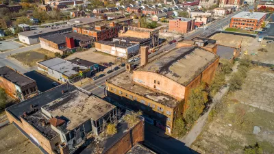 Aerial view of derelict brick buildings in post-industrial Gary, Indiana.