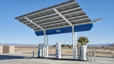 EVgo electric car charging station along Interstate 15 in California desert on the route to Las Vegas.