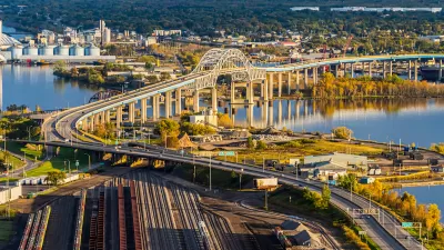 Aerial view of John A. Blatnik Bridge and freight yard in Duluth, Minnesota.