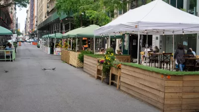 Outdoor dining patios on street closed to car traffic in New York City