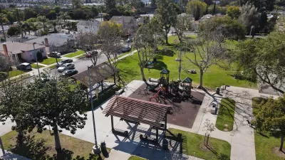Aerial view of park playground in West Los Angeles, California.