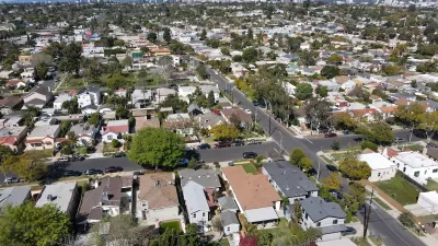 Aerial view of low-rise neighborhood in Los Angeles, California.