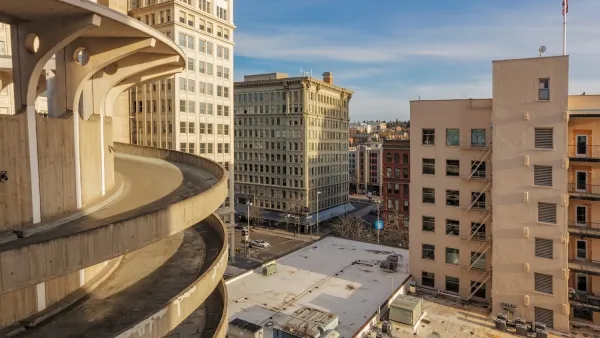 Spiral ramp on exterior of parking garage in downtown Spokane, Washington.