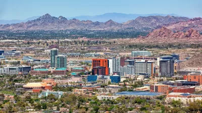 Aerial view of Tempe, Arizona with mountains in background