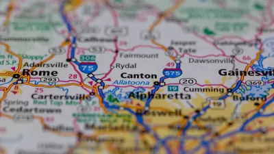 Close-up of map with Canton, Georgia.