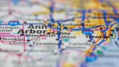 Close up of a road map showing major roadways around Ann Arbor Michigan