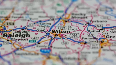Close-up of road map showing Wilson, North Carolina