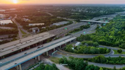 Aerial view of elevated freeways in New Jersey at dusk.