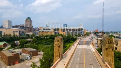 Aerial view of Cleveland bridge with art deco 'Cleveland Guardians' statues