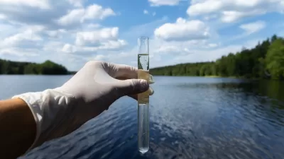 Close-up of hand in white surgical glove holding up clear vial with water sample with lake surrounded by green trees in background.