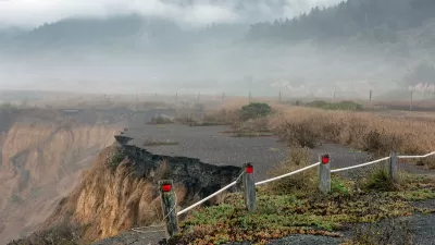 Collapsed road on coastal cliff in California