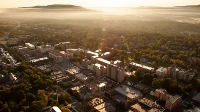 Aerial view of State College, Pennsylvania at golden hour.
