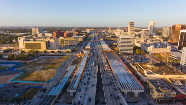 Aerial view of freeway in Orlando, Florida with construction work.