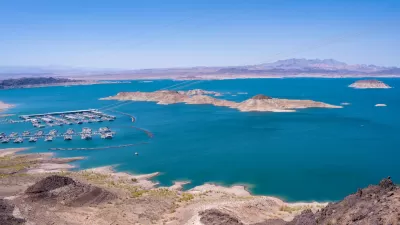 Aerial view of Lake Mead shoreline with boats.