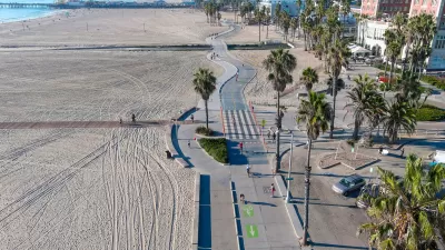 Aerial view of beach bike path and palm trees in Santa Monica, California