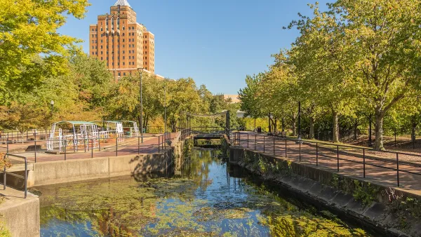 Downtown park in Akron, Ohio with Erie Canal lock.