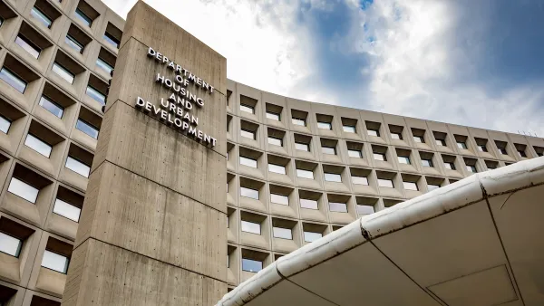 Department of Housing and Urban Development building in Washington, D.C. Concrete Brutalist high-rise.