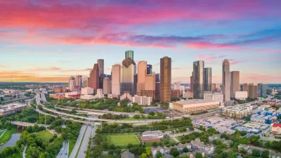Aerial view of Houston, Texas skyline at golden hour.