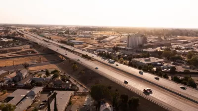Aerial view of freeway and Fresno, California.