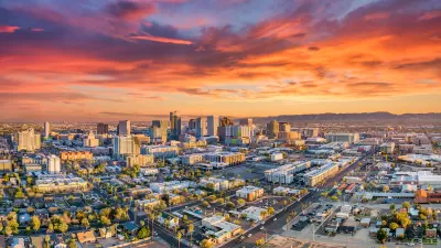 Aerial view of downtown Phoenix, Arizona at sunset.
