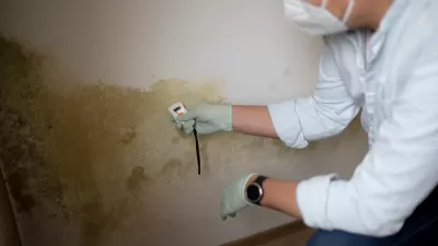 Man with protective mask measures the moisture level on a white wall with green mold in an apartment.