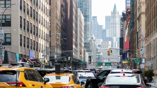 Yellow cabs and black sedansin traffic jam in New York City.