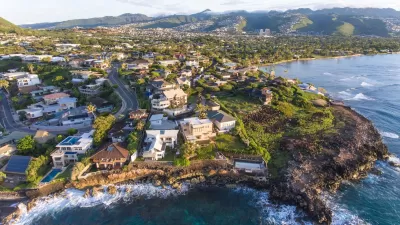 Aerial view of residential neighborhood on coast near Honolulu in Kahala, Oahu, Hawaii.