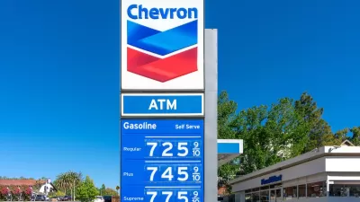 Close-up of Chevron gas station sign with logo and prices starting at $7.25.